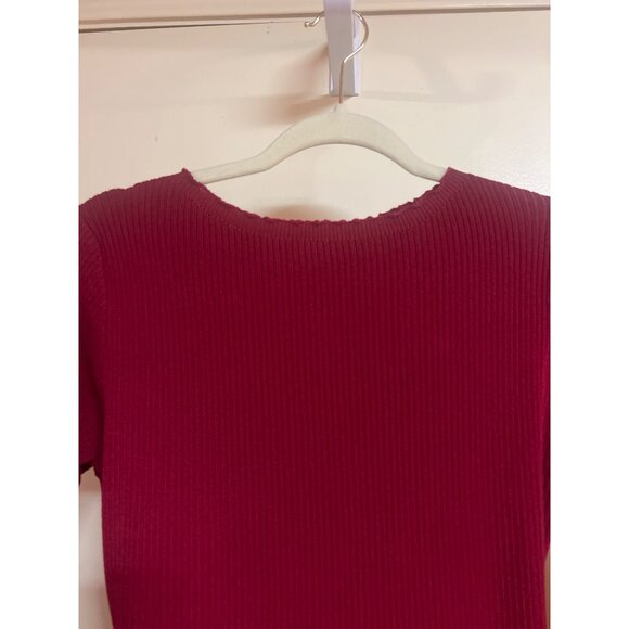 Shein M Burgundy Tie Waist Long Sleeve Scalloped Neckline Sweater Dress - Picture 2 of 6